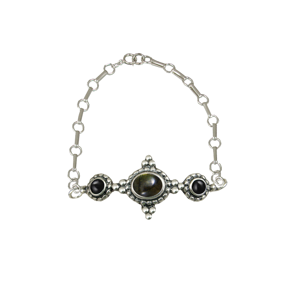 Sterling Silver Gemstone Adjustable Chain Bracelet With Spectrolite And Black Onyx